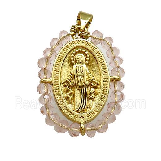 Virgin Mary Charms Copper Medal Pendant With Crystal Glass Wire Wrapped Oval Gold Plated