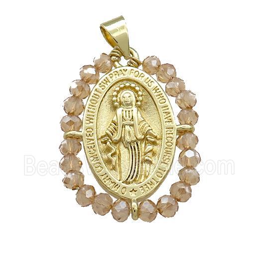Virgin Mary Charms Copper Medal Pendant With Champagne Crystal Glass Wire Wrapped Oval Gold Plated
