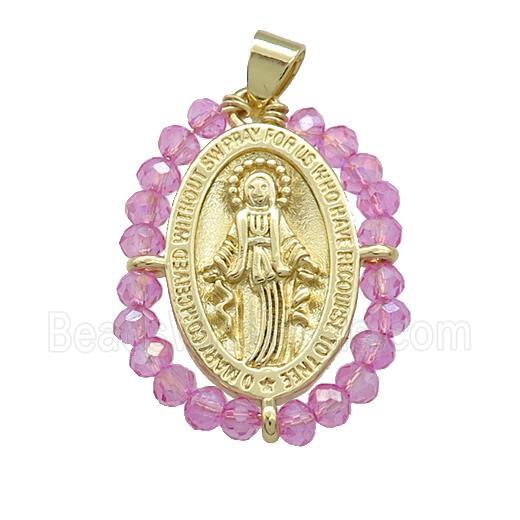Virgin Mary Charms Copper Medal Pendant With Hotpink Crystal Glass Wire Wrapped Oval Gold Plated