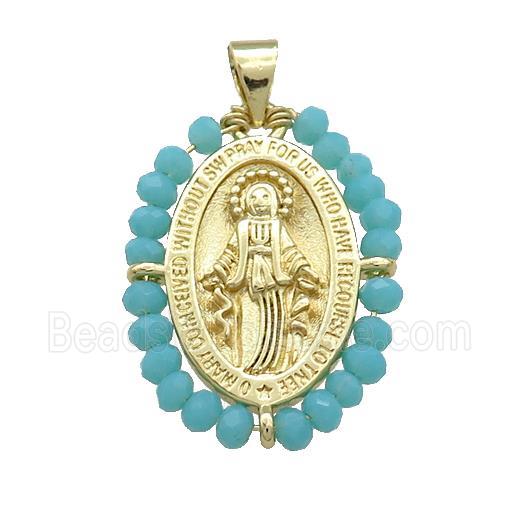 Virgin Mary Charms Copper Medal Pendant With Teal Crystal Glass Wire Wrapped Oval Gold Plated