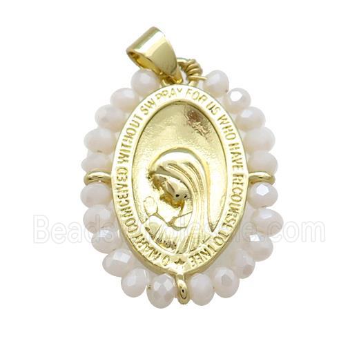 Virgin Mary Charms Copper Medal Pendant With White Crystal Glass Wire Wrapped Oval Gold Plated