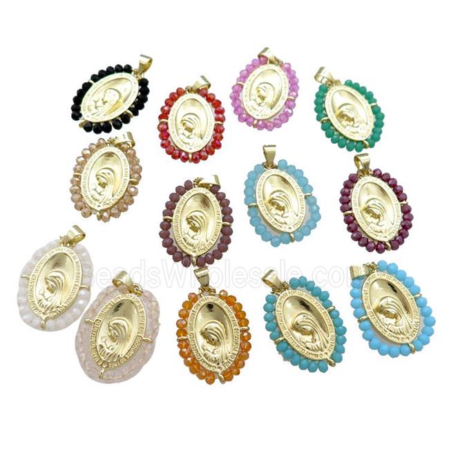 Virgin Mary Charms Copper Medal Pendant With Crystal Glass Wire Wrapped Oval Gold Plated Mixed