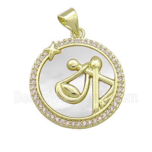 Zodiac Libra Charms Copper Circle Pendant Pave Shell Zircon 18K Gold Plated