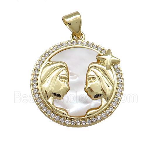 Zodiac Gemini Charms Copper Circle Pendant Pave Shell Zircon 18K Gold Plated