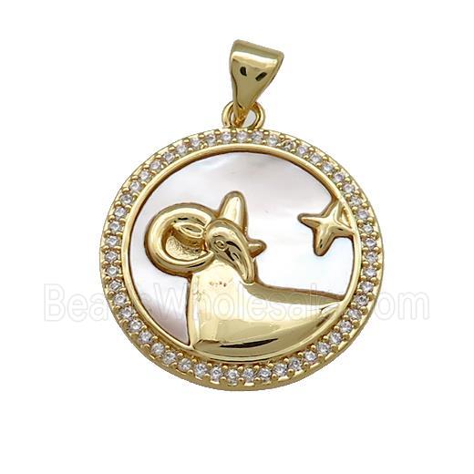 Zodiac Aries Charms Copper Circle Pendant Pave Shell Zircon 18K Gold Plated