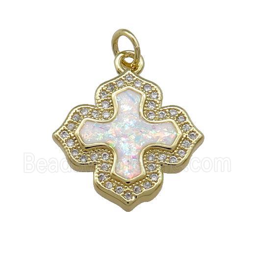 Copper Cross Pendant Pave White Fire Opal Zircon 18K Gold Plated