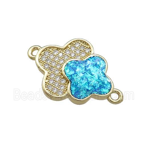 Copper Clover Connector Pave Blue Fire Opal Zircon Double 18K Gold Plated