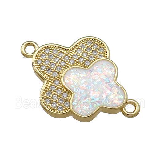 Copper Clover Connector Pave White Fire Opal Zircon Double 18K Gold Plated