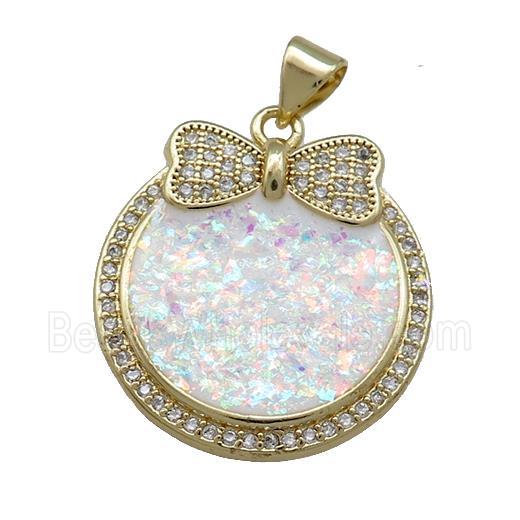 Copper Circle Pendant Pave White Fire Opal Zircon Bowknot 18K Gold Plated
