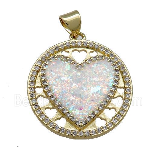 Copper Heart Pendant Pave White Fire Opal Zircon Circle 18K Gold Plated