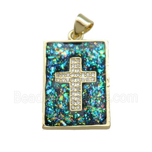 Copper Rectangle Pendant Pave Green Fire Opal Zircon Cross 18K Gold Plated