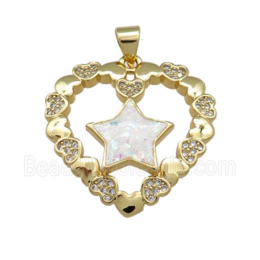 Copper Heart Pendant Pave White Fire Opal Zircon Star 18K Gold Plated