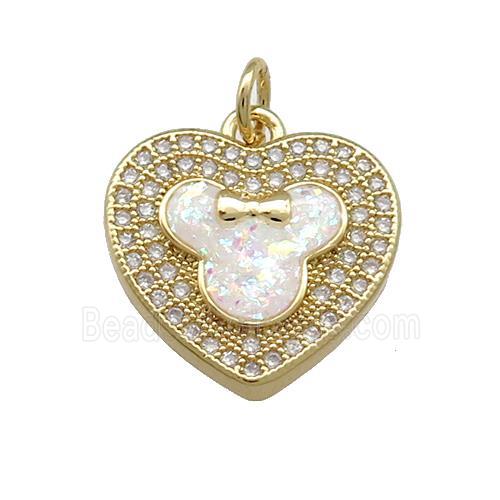 Copper Heart Pendant Pave White Fire Opal Zircon 18K Gold Plated