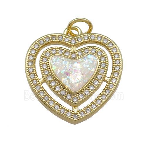 Copper Heart Pendant Pave White Fire Opal Zircon 18K Gold Plated