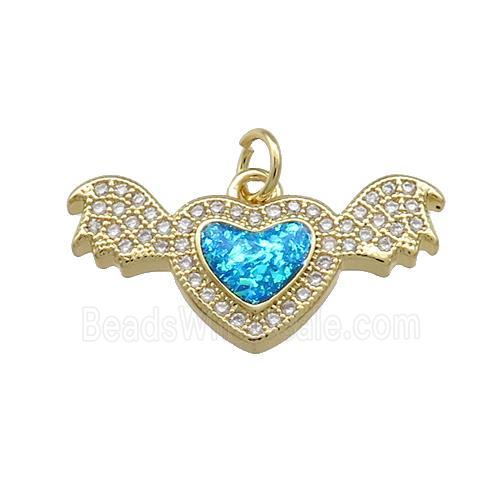 Angel Wings Charms Copper Heart Pendant Pave Blue Fire Opal Zircon 18K Gold Plated