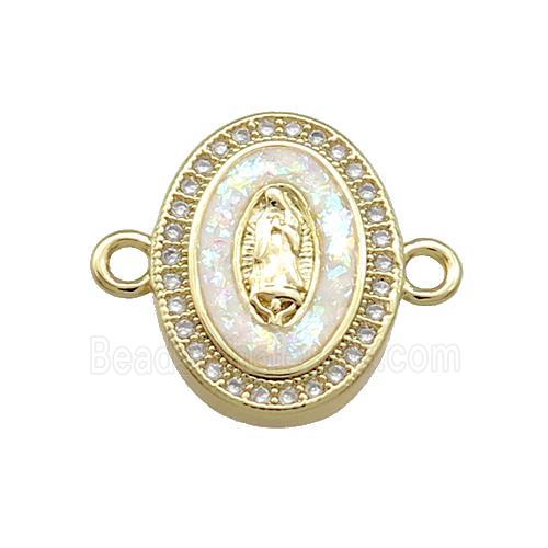 Copper Oval Connector Pave White Fire Opal Virgin Mary Charms 18K Gold Plated