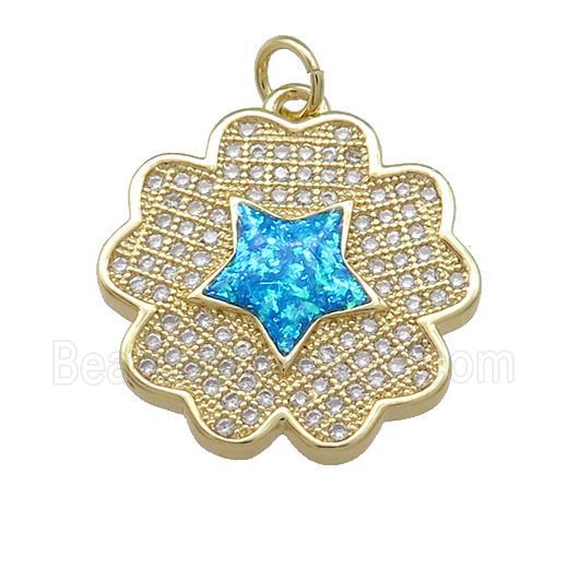 Copper Flower Pendant Pave Blue Fire Opal Zircon Star 18K Gold Plated