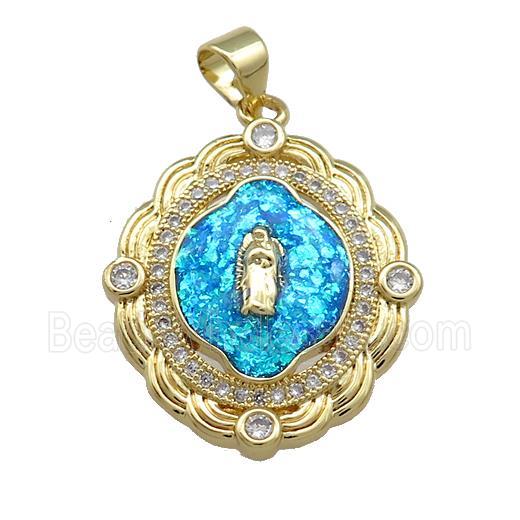 Virgin Mary Charms Copper Oval Pendant Pave Blue Fire Opal Zircon 18K Gold Plated