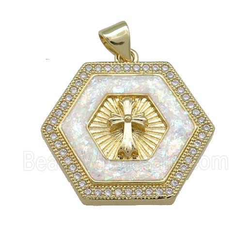 Copper Hexagon Pendant Pave White Fire Opal Zircon Cross 18K Gold Plated