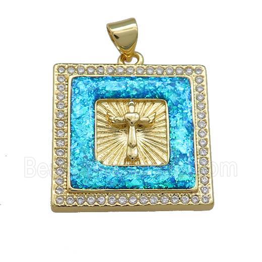 Copper Square Pendant Pave Blue Fire Opal Zircon Cross 18K Gold Plated