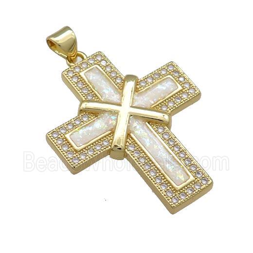 Copper Cross Pendant Pave White Fire Opal Zircon 18K Gold Plated