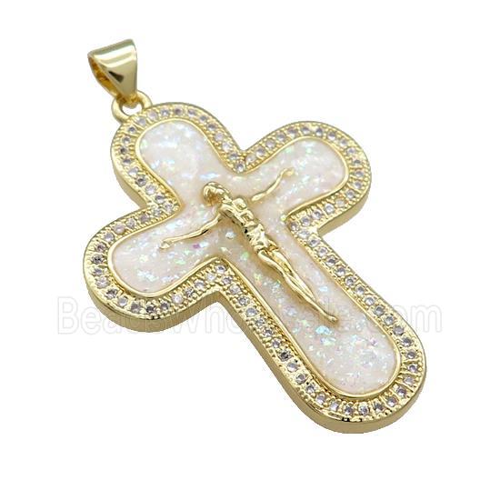 Copper Crucifix Cross Pendant Pave White Fire Opal Zircon Jesus 18K Gold Plated