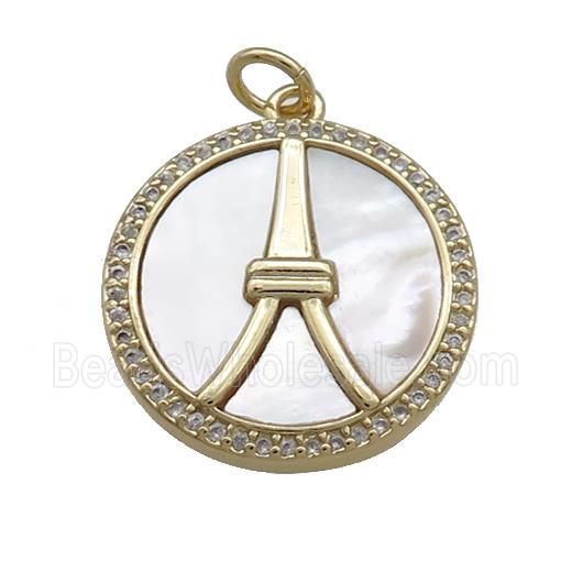 Copper Circle Pendant Pave Shell Zircon Eiffel Tower 18K Gold Plated