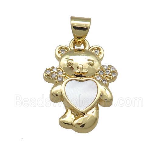 Copper Bear Pendant Pave Shell Heart Zircon 18K Gold Plated
