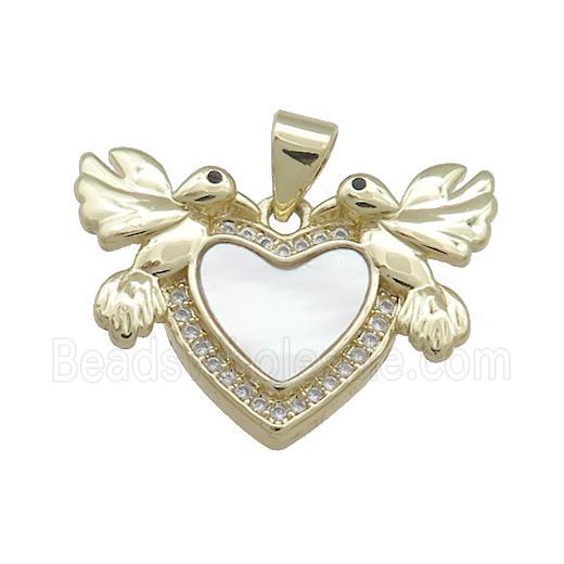 Copper Heart Pendant Pave Shell Zircon Double Birds 18K Gold Plated