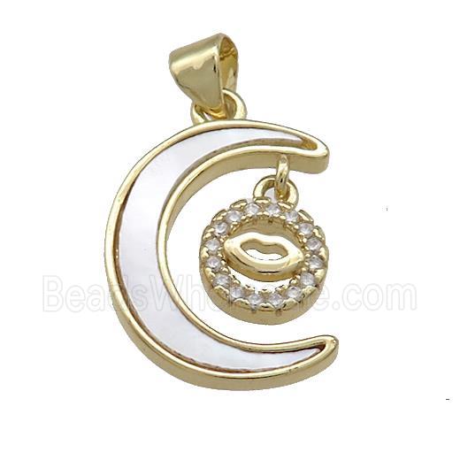 Copper Moon Pendant Pave Shell Zircon Lips 18K Gold Plated
