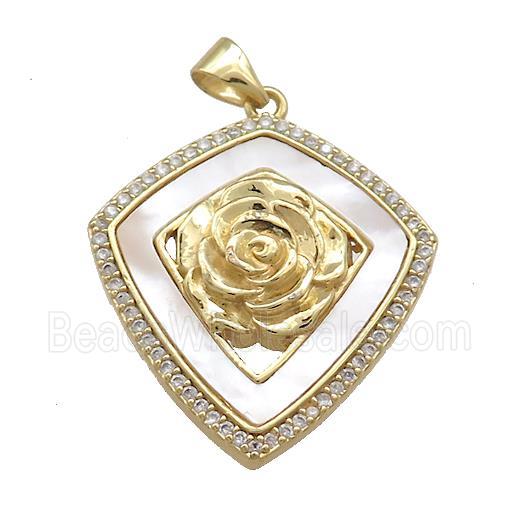 Copper Flower Shield Pendant Pave Shell Zircon 18K Gold Plated