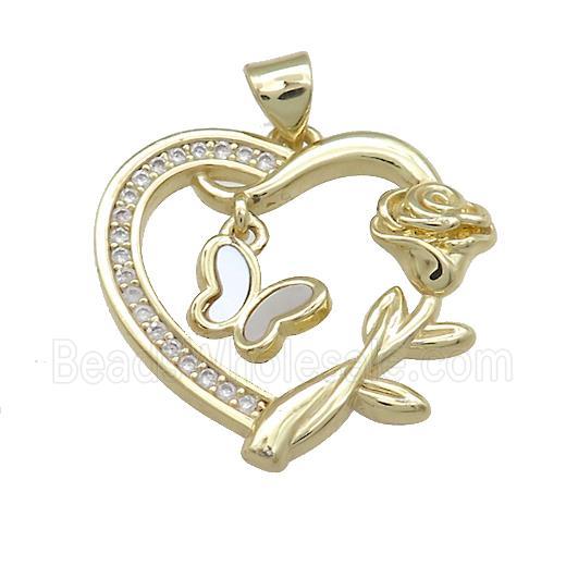 Copper Heart Pendant Pave Shell Zircon Butterfly 18K Gold Plated