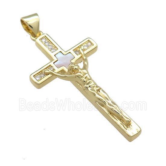 Copper Jesus Crucifix Cross Pendant Pave Shell Zircon Religious 18K Gold Plated