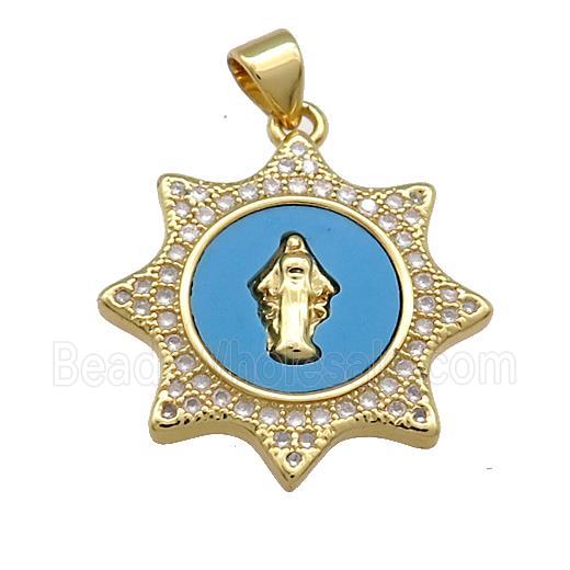 Jesus Charms Copper Pendant Pave Blue Shell Zircon 18K Gold Plated