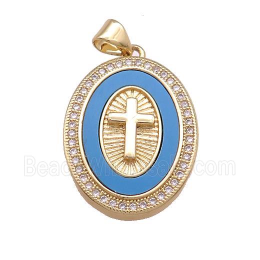 Copper Cross Pendant Pave Blue Shell Zircon Oval 18K Gold Plated