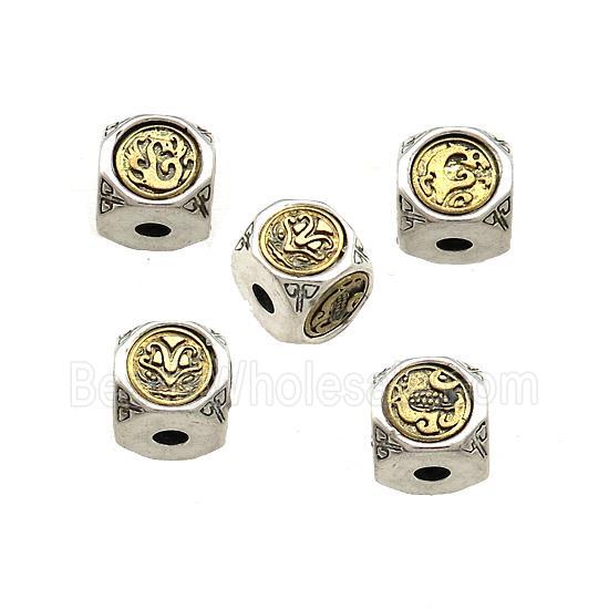 Tibetan Style Copper Cube Beads Chinese Mythical Beasts Totem Antique Silver Bronze
