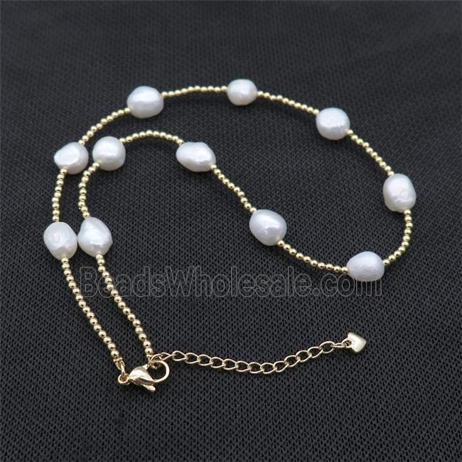 White Pearl Necklace With Copper Pony Beads Gold Plated