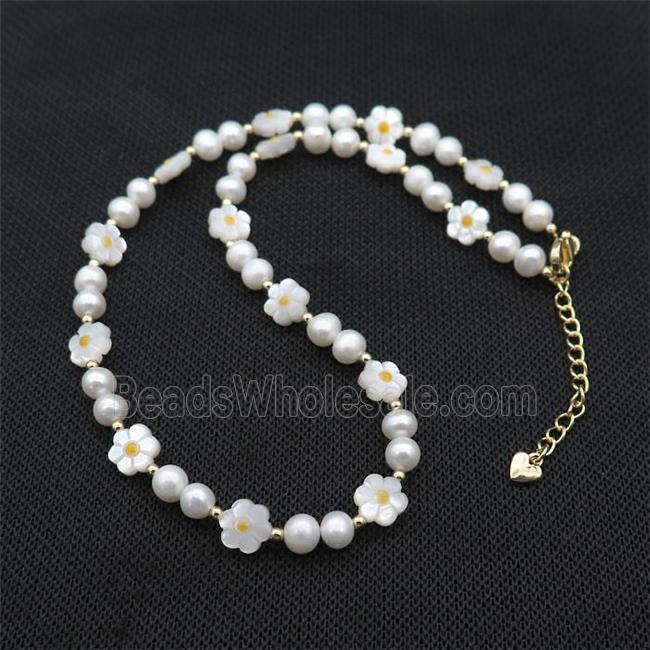 White Pearl Necklace With MOP Shell Flower