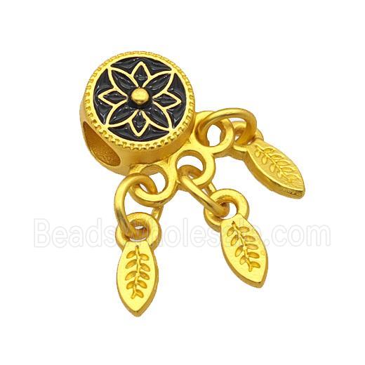 Alloy Coin Beads Black Painted Flower Leaf Tassel Large Hole Matte Gold Plated