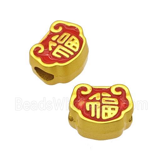 Chinese Lucky Fu Lock Beads Alloy Large Hole Red Painted Matte Gold Plated