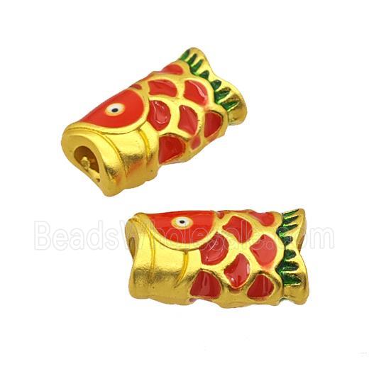 Alloy Fish Charms Beads Large Hole Red Painted Matte Gold Plated