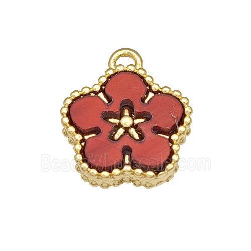 Copper Flower Pendant Pave Red Resin Gold Plated