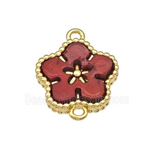 Copper Flower Connector Pave Red Resin Gold Plated