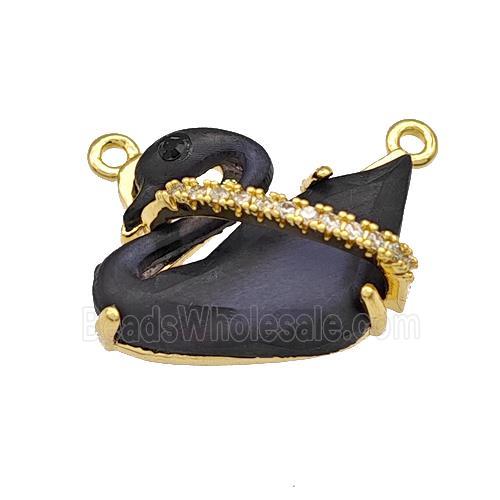 Copper Swan Pendant Pave Black Acrylic Zirconia 2loops Gold Plated