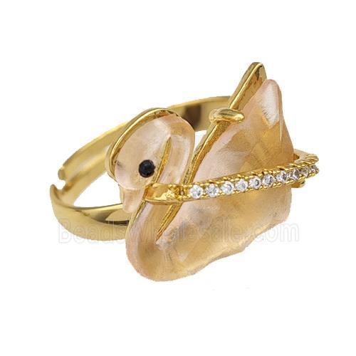 Copper Swan Rings Pave Acrylic Zirconia Adjustable Gold Plated