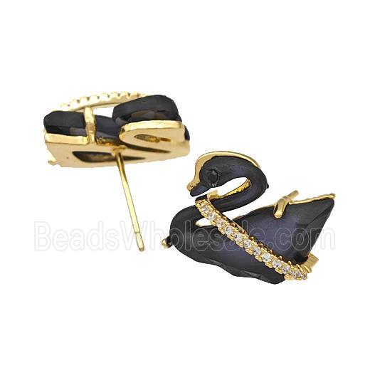 Copper Swan Stud Earrings Pave Black Acrylic Zirconia Gold Plated