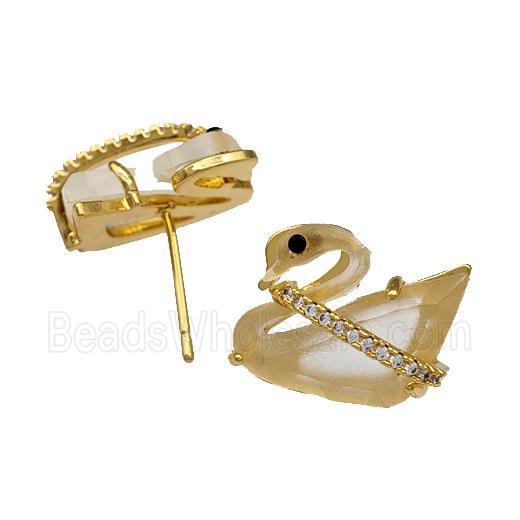 Copper Swan Stud Earrings Pave Acrylic Zirconia Gold Plated