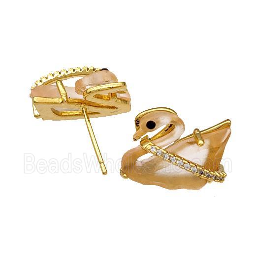 Copper Swan Stud Earrings Pave Acrylic Zirconia Gold Plated