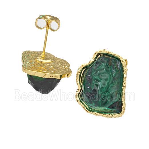 Copper Stud Earrings Pave Green Acrylic Mountain Gold Plated
