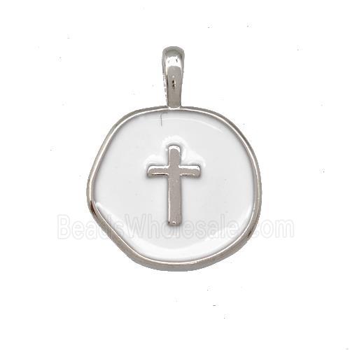 Copper Circle Pendant Cross White Enamel Platinum Plated